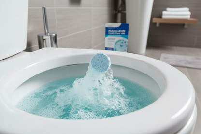 Ultra clean toilet bowl tablet being dropped into a white toilet bowl with blue fizzing scrubbing bubbles forming in a clean modern bathroom