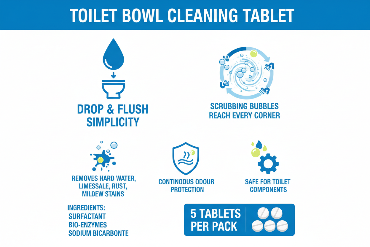 Infographic showing toilet bowl tablet features: drop and flush, scrubbing bubbles, removes hard water limescale rust mildew, odour protection, safe for toilet components