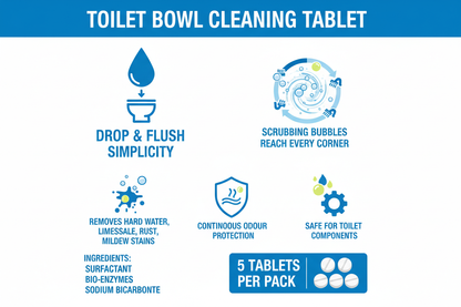 Infographic showing toilet bowl tablet features: drop and flush, scrubbing bubbles, removes hard water limescale rust mildew, odour protection, safe for toilet components