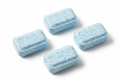 5 ultra clean toilet bowl tablets in blue and white shown flat lay on white background displaying tablet size and texture detail
