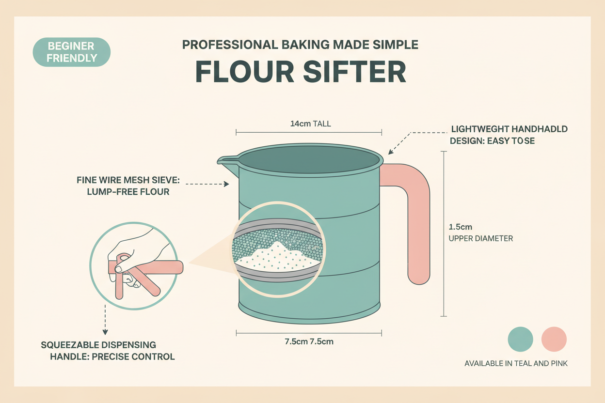 Infographic showing flour sifter features: fine wire mesh sieve, squeezable handle, lightweight handheld, 14cm tall, teal and pink colors, beginner friendly
