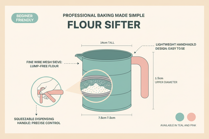 Infographic showing flour sifter features: fine wire mesh sieve, squeezable handle, lightweight handheld, 14cm tall, teal and pink colors, beginner friendly