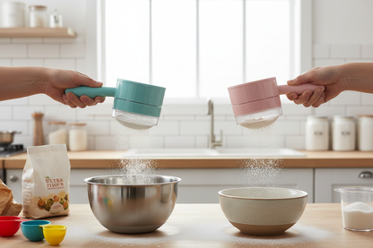Ultra flour sifter being used in a bright modern kitchen sifting flour over a mixing bowl showing teal and pink color options and squeezable handle