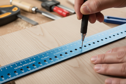 Ultra precision marking ruler in use on a woodworking project with mechanical pencil inserted through micro-fine hole for accurate measurement