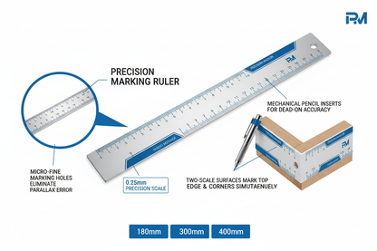 Infographic showing precision marking ruler features: micro-fine holes, no parallax error, 0.25mm scale, two-scale surfaces, marks edges and corners, 4 sizes