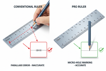 Diagram comparing conventional ruler parallax error versus precision marking ruler micro-hole accuracy showing 0.25mm scale and edge corner marking