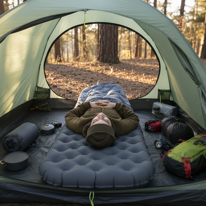 Ultralight inflatable air mattress set up inside a camping tent in a forest with person lying comfortably on the gray mattress