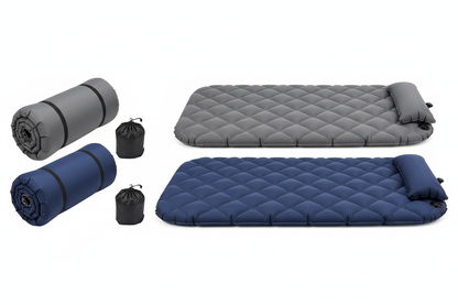 Ultralight inflatable air mattress shown packed in compact roll next to fully inflated version in gray and navy blue colors