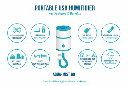 Infographic showing portable humidifier features: ultrasonic quiet technology, USB powered, adjustable length, fits bags, suitable for home office car hotel camping