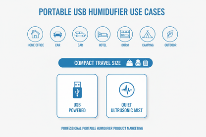 Use cases chart for portable USB humidifier showing home office car hotel dorm camping and outdoor settings with compact travel-friendly design