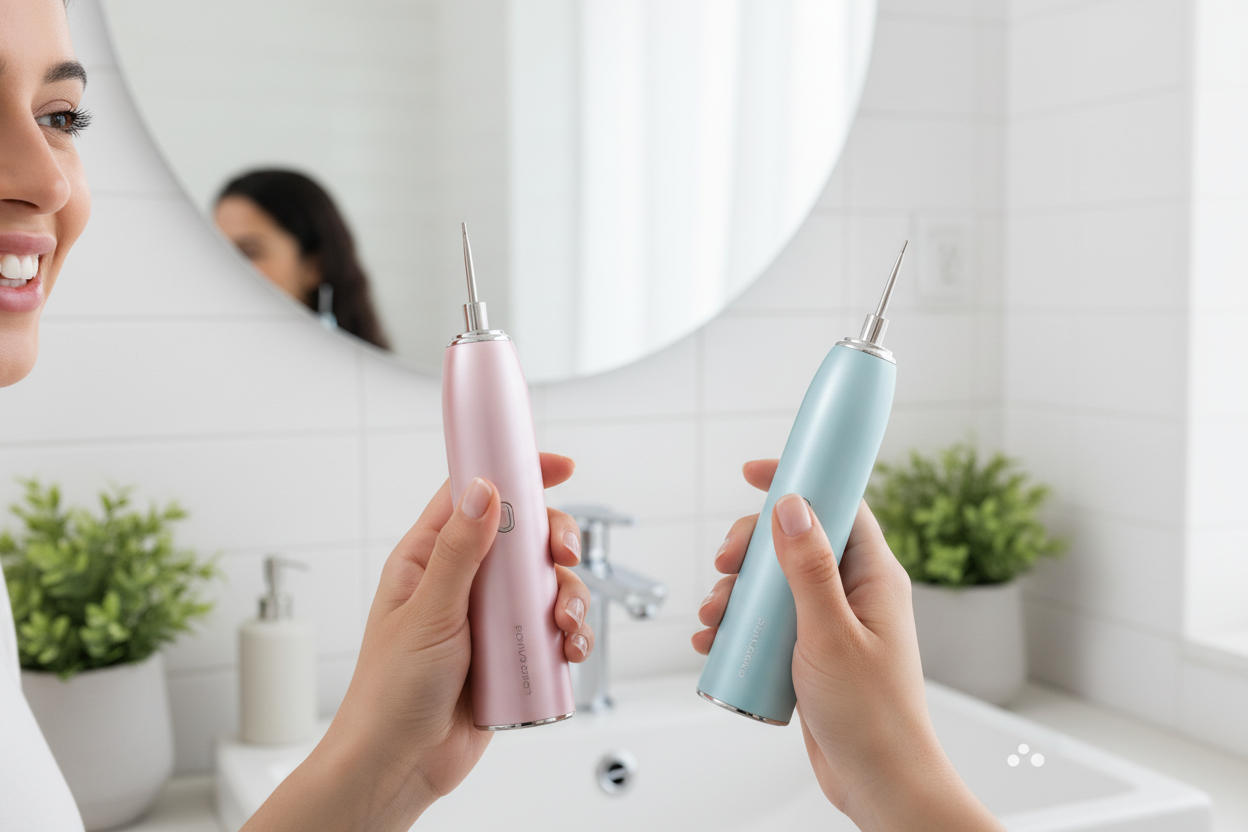 Ultrasonic tooth cleaner held near a smiling person with clean white teeth showing pink and blue color options