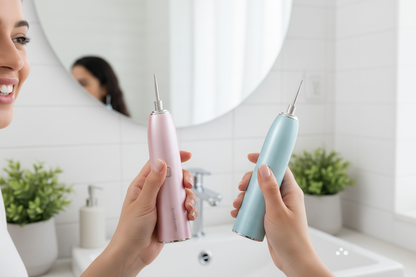 Ultrasonic tooth cleaner held near a smiling person with clean white teeth showing pink and blue color options