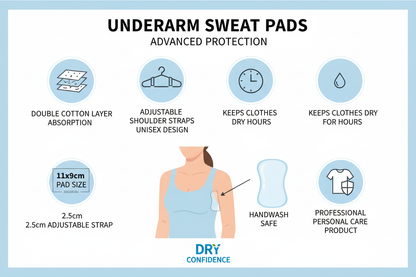 Infographic showing sweat stopper pad features: double cotton layer, adjustable straps, unisex, keeps clothes dry for hours, 11x9cm size