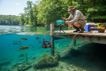 Underwater fishing camera submerged in lake water showing fish on 4.3 inch LCD monitor display on surface
