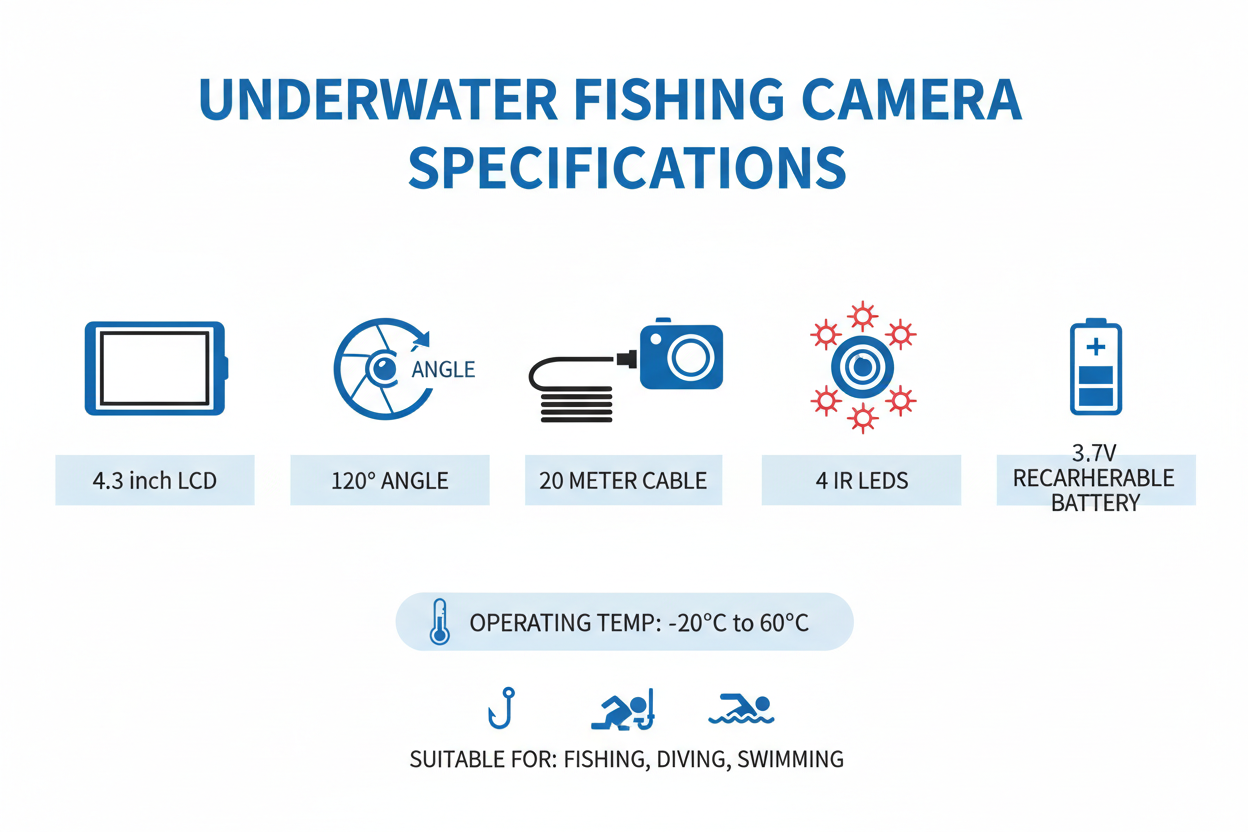 Specifications chart for underwater fishing camera showing LCD size, cable length, IR LEDs, viewing angle, battery, and temperature range