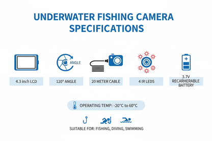 Specifications chart for underwater fishing camera showing LCD size, cable length, IR LEDs, viewing angle, battery, and temperature range