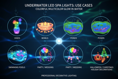 Use cases chart showing underwater LED spa lights in pools, vases, bowls, ponds, and party and holiday decorations