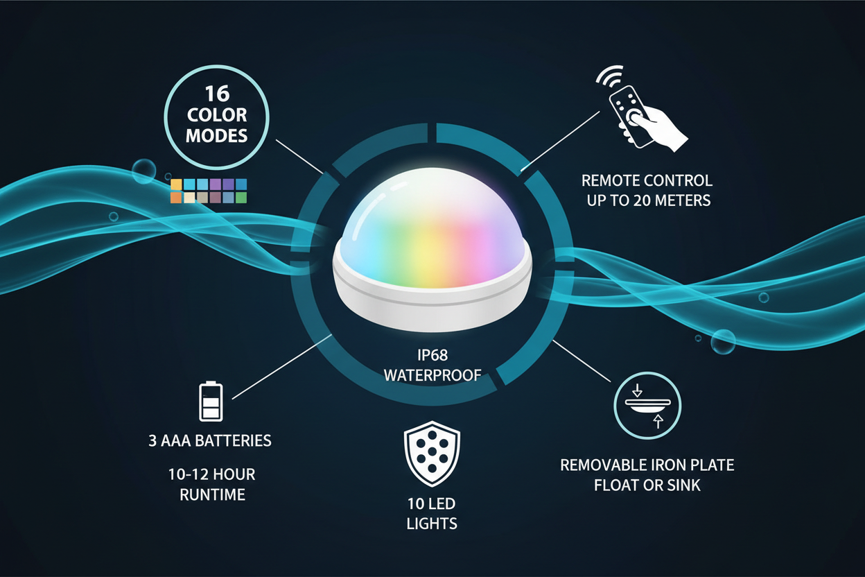 Infographic showing underwater spa light features: 16 color modes, 20m remote control, IP68 waterproof, 10 LEDs, 10-12 hour battery life