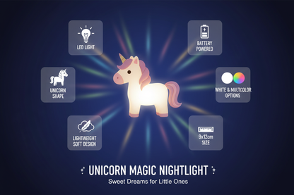 Infographic showing unicorn magic light features: LED, unicorn shape, lightweight, battery powered, white and multicolor options, 9x12cm size