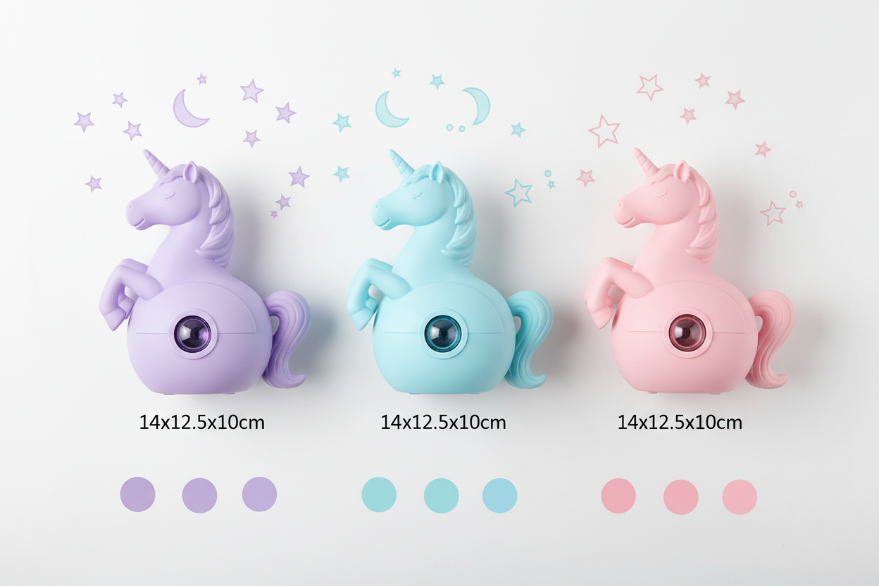 Unicorn sky projector in all three color variants purple blue and pink shown side by side on white background
