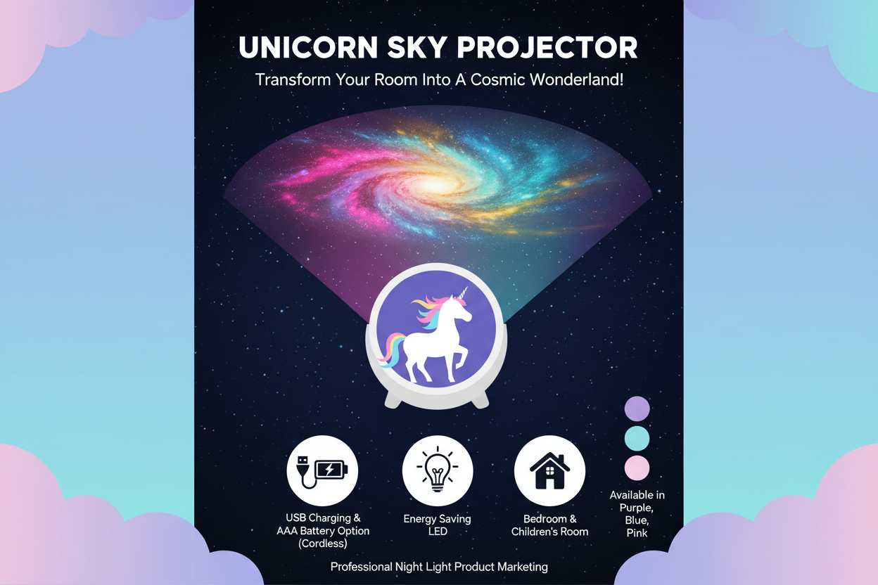 Infographic showing unicorn sky projector features: colorful galaxy projection, USB charging, AAA battery option, energy saving, available in purple blue and pink