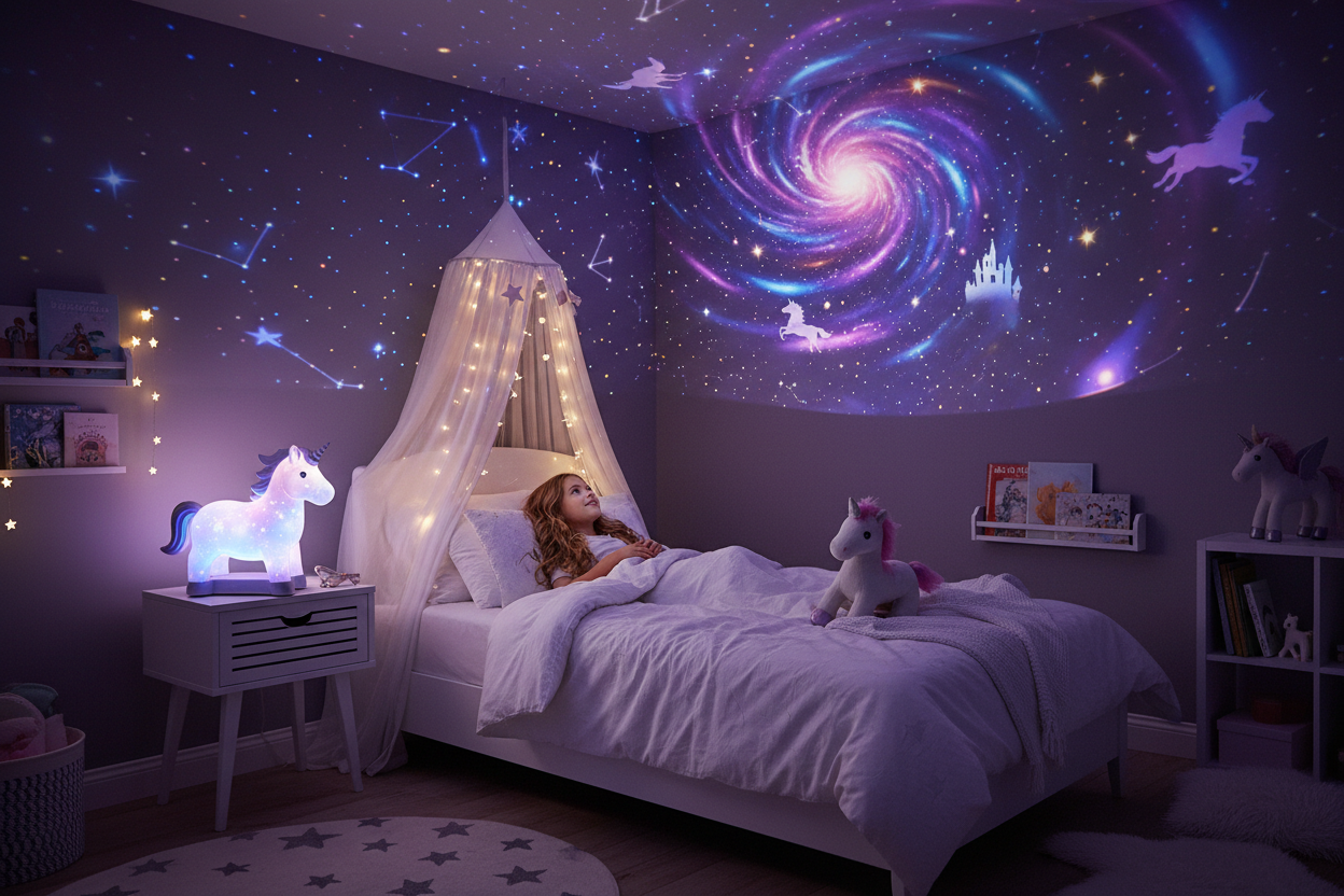 Unicorn sky projector casting colorful galaxy stars and unicorn patterns on a dark bedroom ceiling in purple and blue light