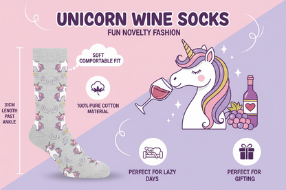 Infographic showing unicorn wine socks features: 100% cotton, 31cm length, soft comfortable fit, cute unicorn and wine design, great for gifting