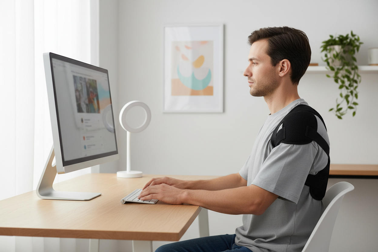 Unisex adjustable back posture corrector worn by person sitting upright at a desk showing correct spine alignment