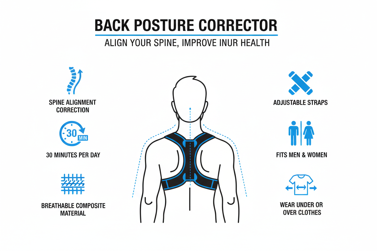 Infographic showing posture corrector features: spine alignment, 30 min daily use, breathable material, adjustable straps, unisex fit