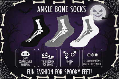 Infographic showing ankle bone socks features: skeleton bone print, soft material, thin fit for shoes, unisex, 3 color options
