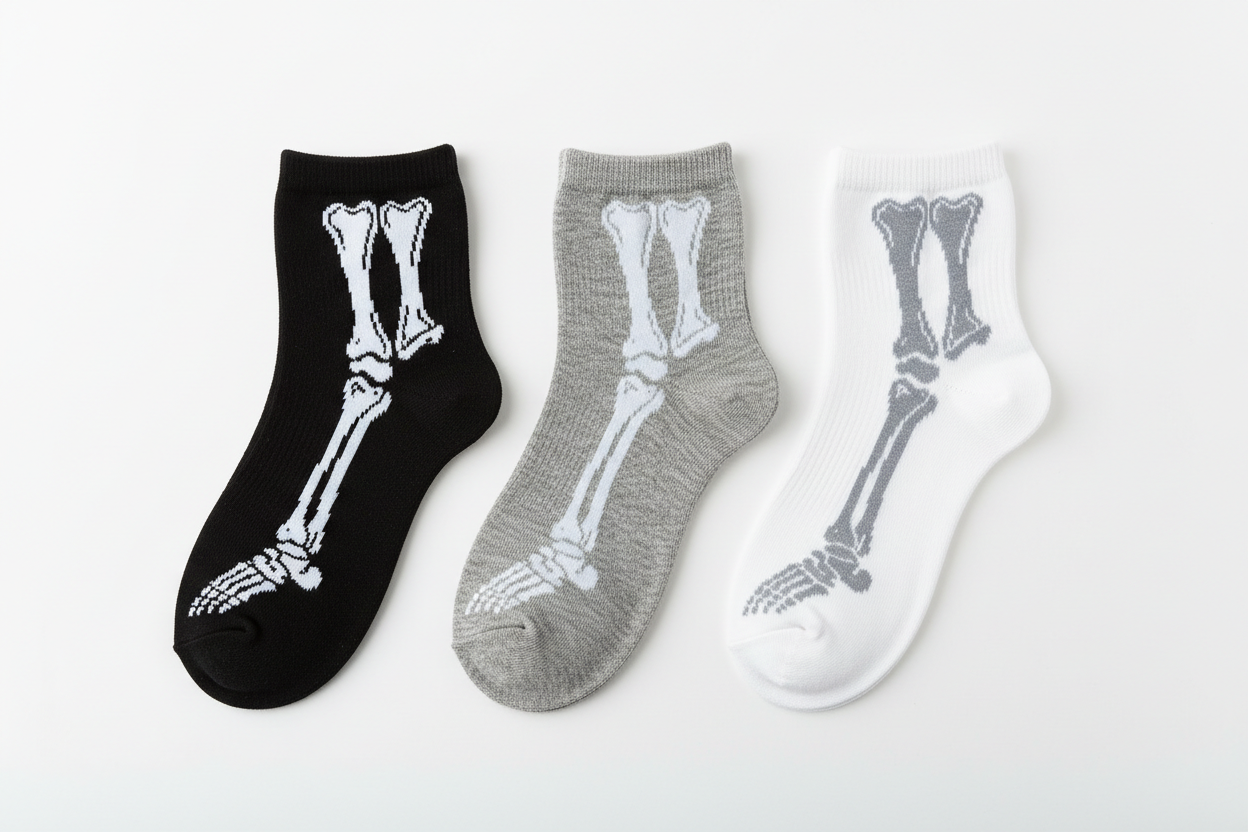 Flat lay of unisex ankle bone socks in all three colors black grey and white showing skeleton bone print on each