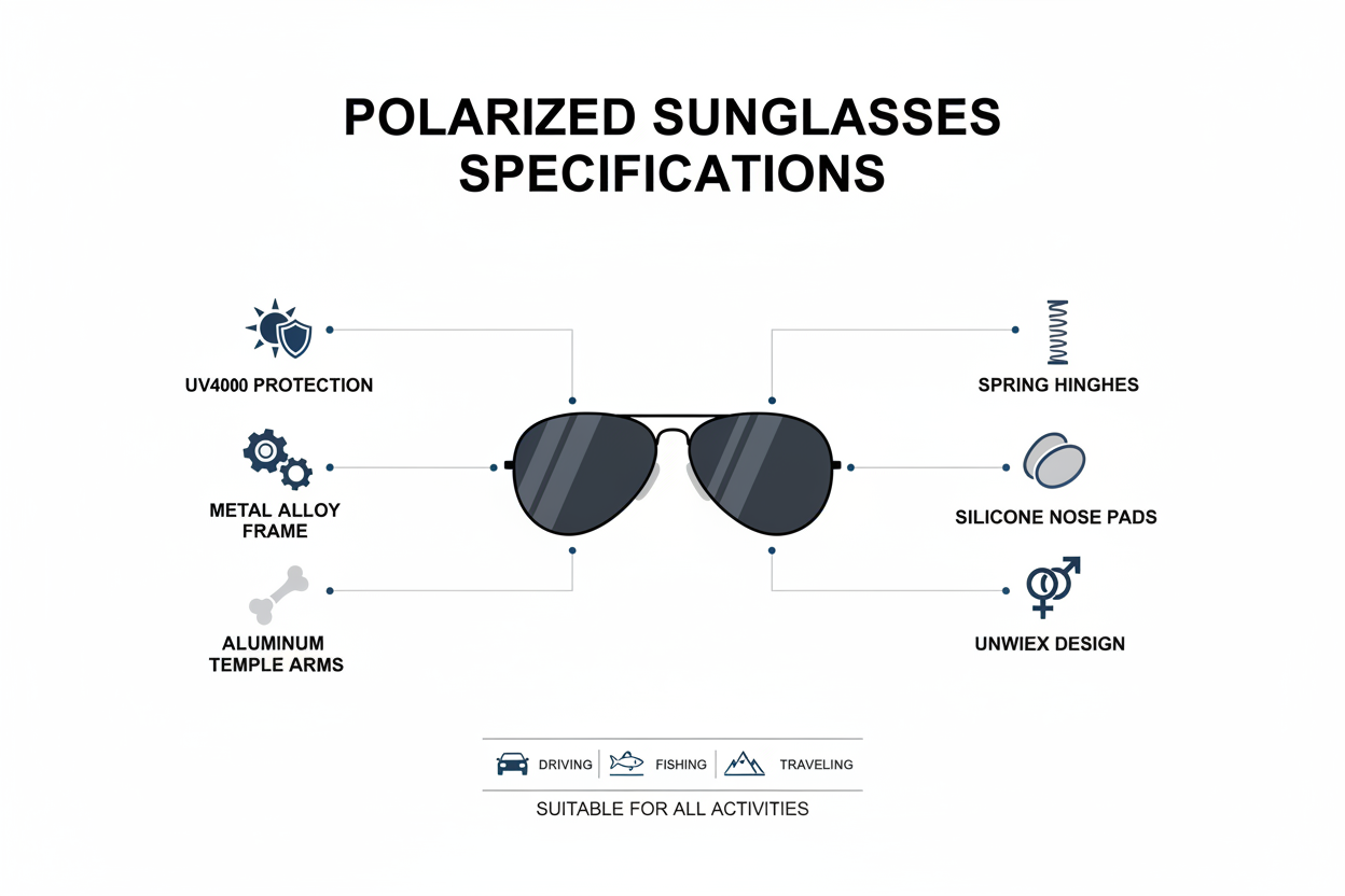 Specifications chart for unisex polarized sunglasses showing UV400 rating, metal frame, spring hinge, silicone nose pads, and use cases