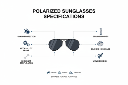 Specifications chart for unisex polarized sunglasses showing UV400 rating, metal frame, spring hinge, silicone nose pads, and use cases