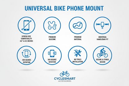 Specifications chart for universal bike phone mount showing screen size range, silicone material, handlebar compatibility, and rotation