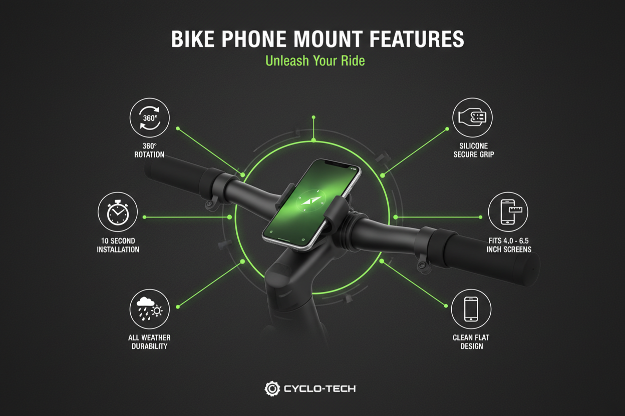Infographic showing bike phone mount features: 360 degree rotation, silicone grip, 10 second install, fits 4.0 to 6.5 inch screens, all-weather durability