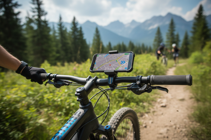 Universal 360 degree bike phone mount on mountain bike handlebars with smartphone showing navigation on a trail