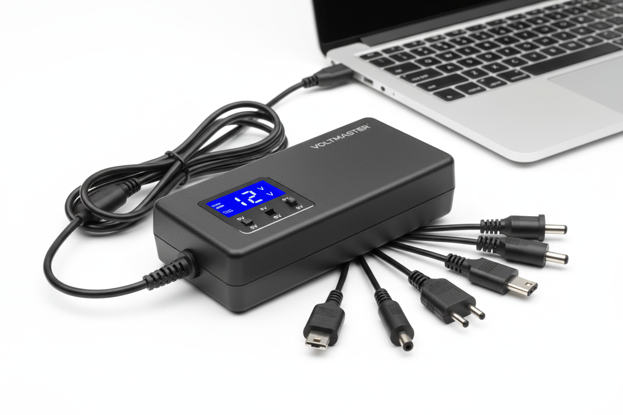 Universal AC to DC power adapter on white background showing multi-voltage output ports
