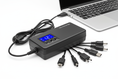 Universal AC to DC power adapter on white background showing multi-voltage output ports