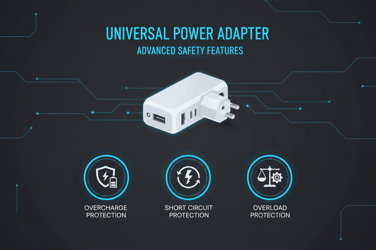Infographic showing overcharge, short circuit, overload, and overheat protection features of the universal power adapter