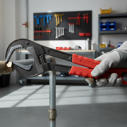 Universal adjustable claw wrench gripping a bolt on a pipe showing double-sided adjustable claw ends in use