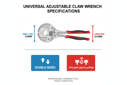 Specifications chart for universal adjustable claw wrench showing size ranges, double-sided design, and compatible fastener types