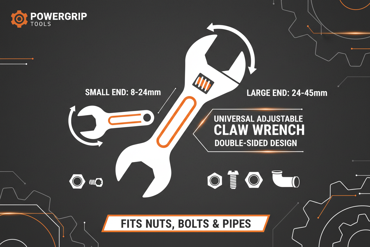 Infographic showing claw wrench features: double-sided design, small end 8-24mm, large end 24-45mm, fits nuts bolts and pipes