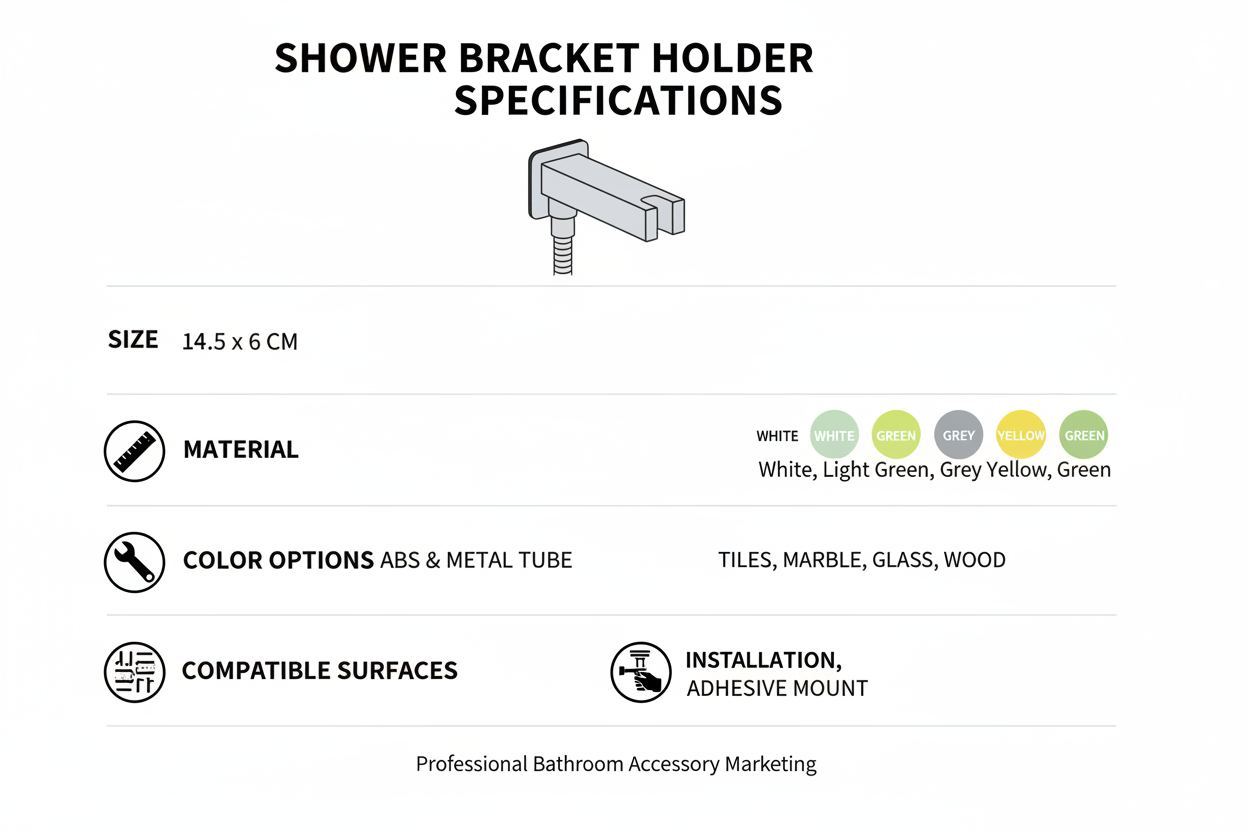 Specifications chart for adjustable shower bracket showing size, material, color options, and compatible wall surface types