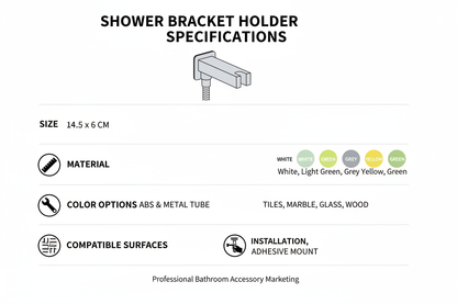 Specifications chart for adjustable shower bracket showing size, material, color options, and compatible wall surface types