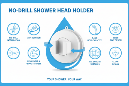 Infographic showing shower bracket features: no-drill suction cup, 360 degree rotation, removable design, 8.5 lb hold capacity