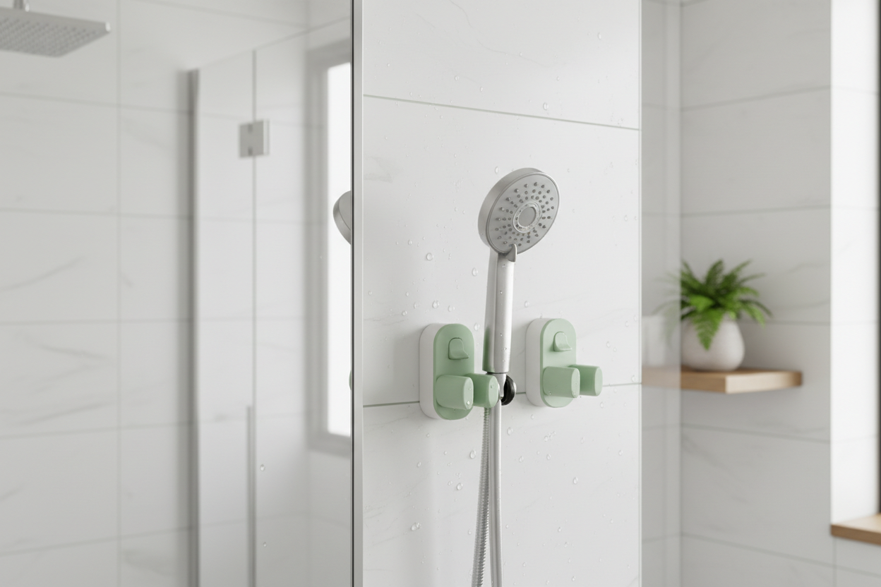 Universal adjustable shower bracket mounted on smooth bathroom tile wall holding a handheld showerhead
