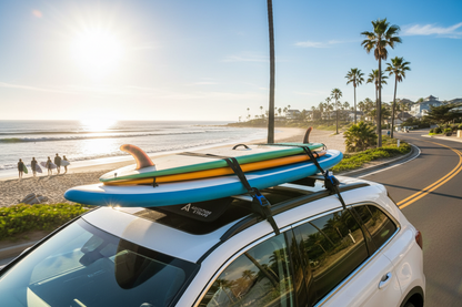 Universal car soft roof rack mounted on SUV with surfboards and paddleboards strapped on during a beach road trip