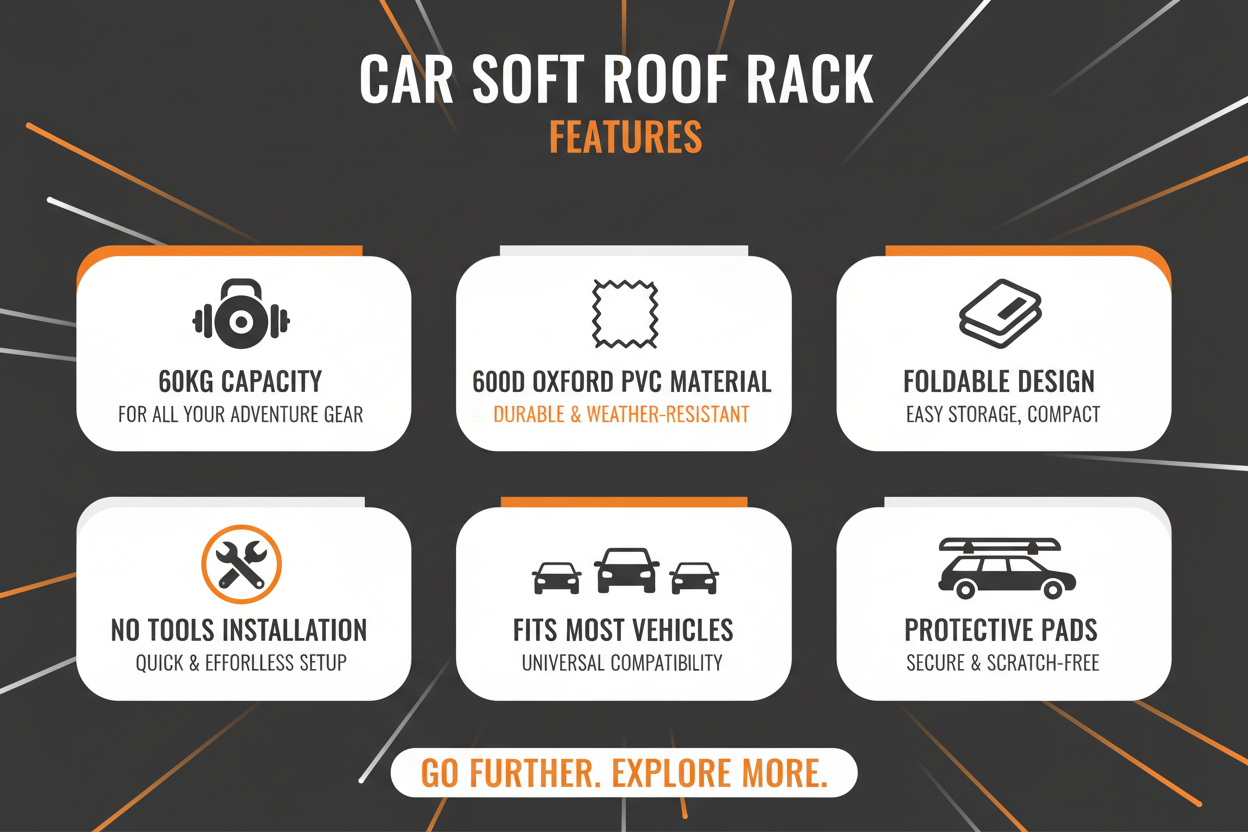 Infographic showing car soft roof rack features: 60kg load capacity, 600D Oxford PVC, foldable design, no tools installation