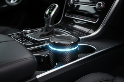 Carbon fiber car spark tray glowing with soft blue LED light placed in a car cup holder at night