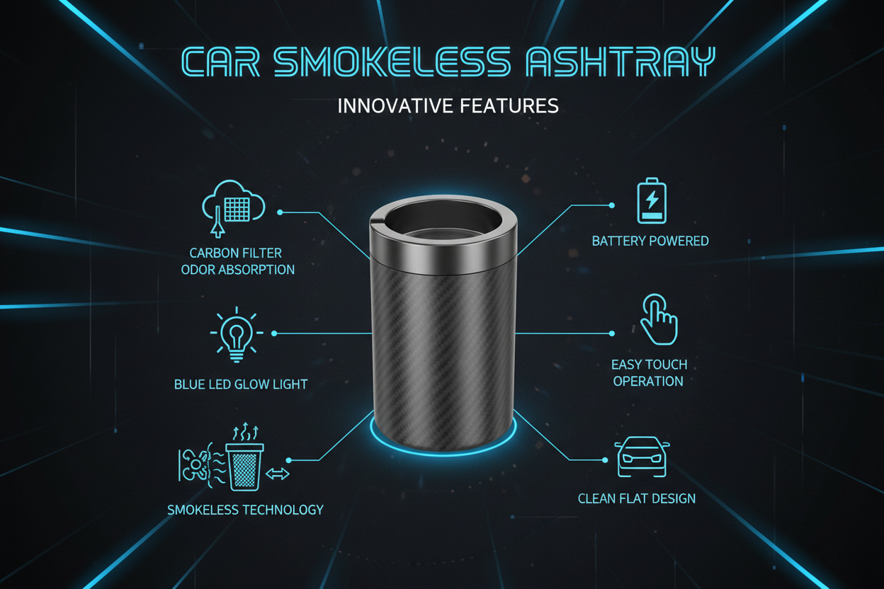 Infographic showing car spark tray features: carbon filter, LED glow, carbon fiber material, battery powered, easy touch operation